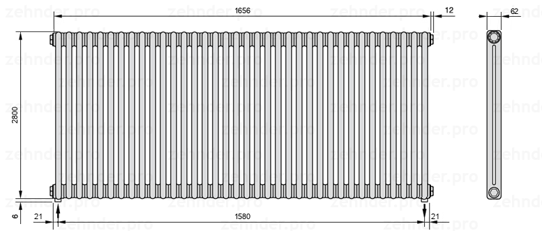 Схема (чертеж) Радиатор Zehnder Charleston 2280/36 №5310 Белый глянцевый RAL 9016